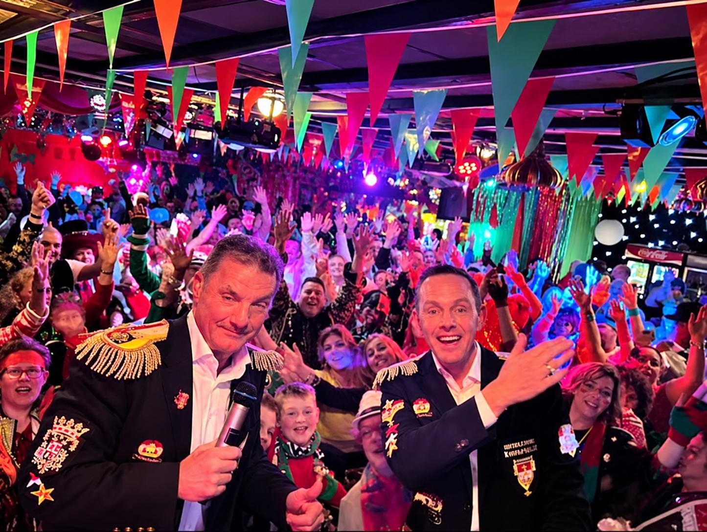 Een volle feestzaal met kleurrijke vlaggetjes en feestende gasten tijdens carnaval