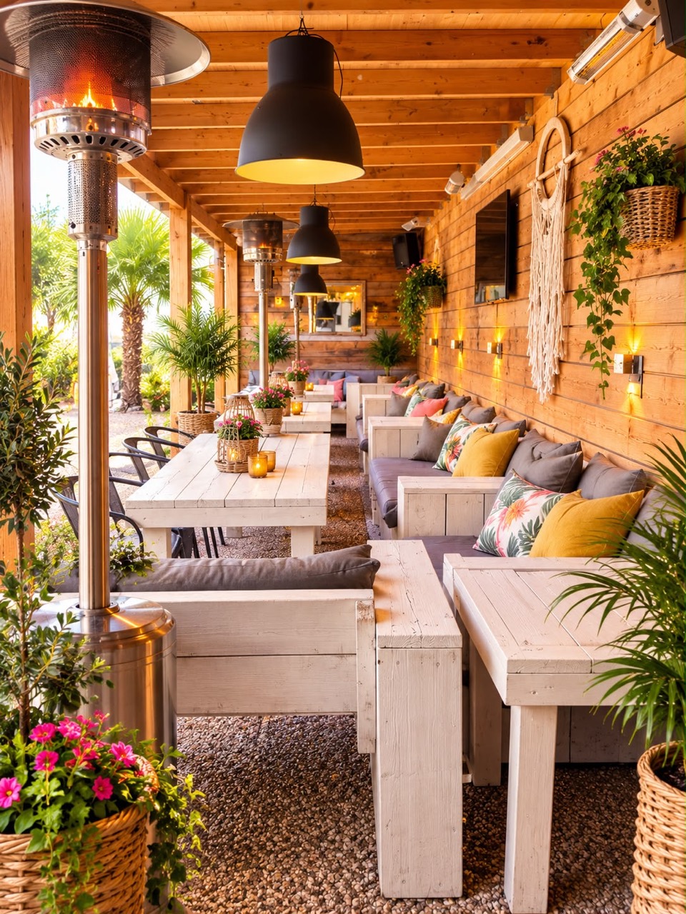Het overdekte terras met planten, houten banken en zachte kussens